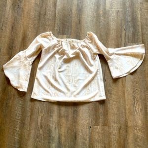 Off the shoulder bell sleeved nude snake print top